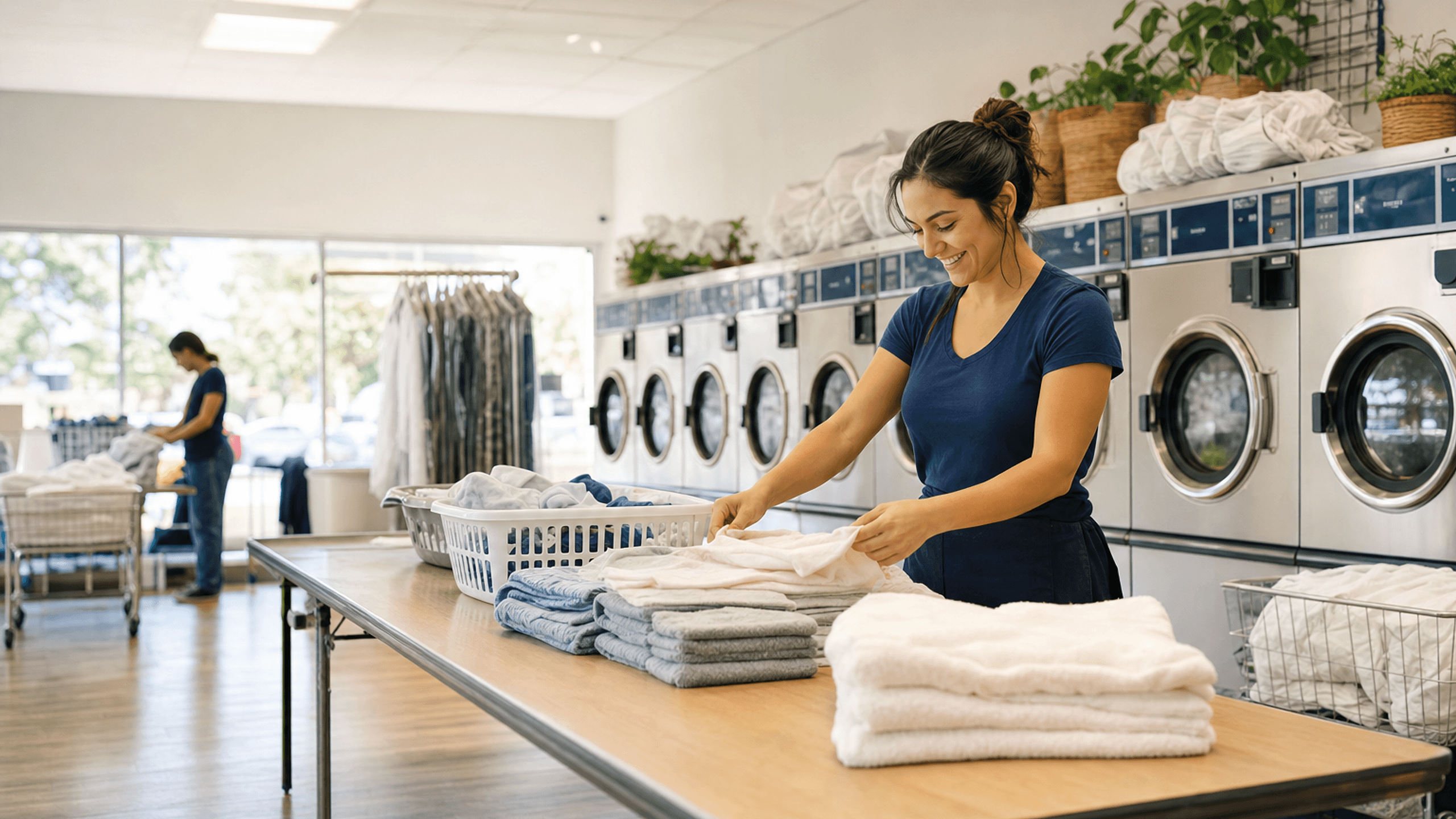 The Seaside Wash & Fold laundry, with folded laundry and machines in use